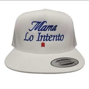 Mama Lo Intento Flat Bill Mesh Snapback White Cap Hat Embroidered